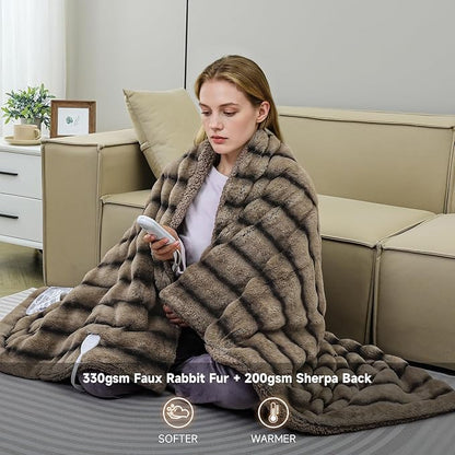 Heated Blanket Electric Throw- 50"x60" Soft Thick Faux Fur Electric Blanket for Sofa with 5 Heat Levels & 4 Hours Auto-Off Overheat Protection, Warm Cozy Gifts, Brown