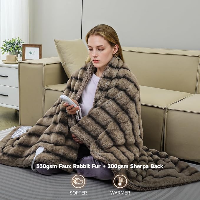Heated Blanket Electric Twin- 62"x84" Soft Thick Faux Fur Electric Blanket for Sofa with 5 Heat Levels & 4 Hours Auto-Off Overheat Protection, Warm Cozy Gifts, Brown