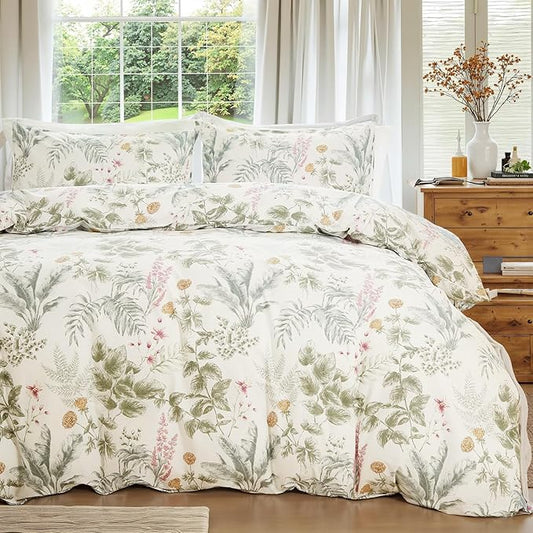 100% Cotton Duvet Cover King Size Sage Green Floral Bedding Set Reversible Botanical Comforter Cover 3 Pcs Vintage Cottagecore Aesthetic Soft Bedding Sets for All Season