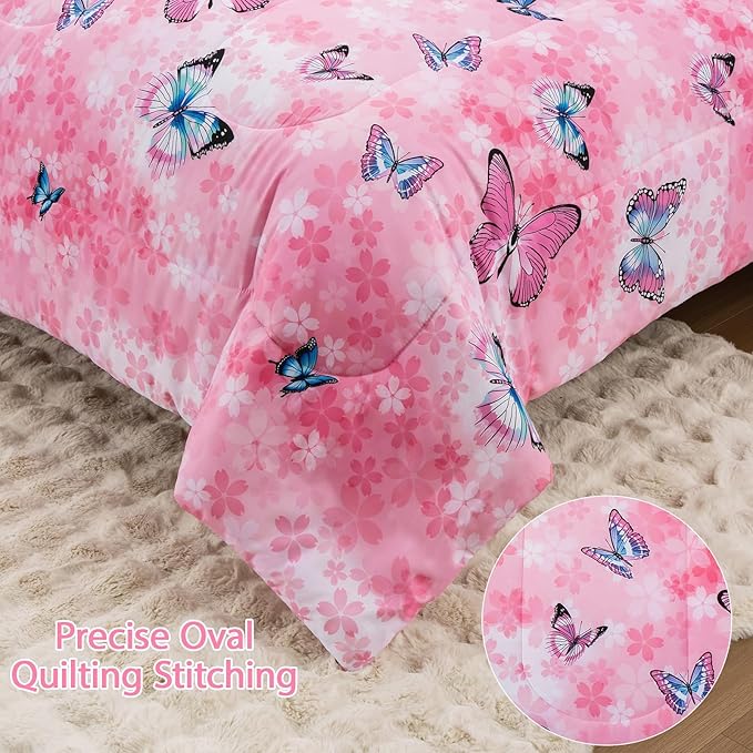 Butterfly Comforter Set Full Size 8 Piece Bed in A Bag Colorful Flowers Leaves Bedding Set for Kids Teens Super Soft All Season - Pink