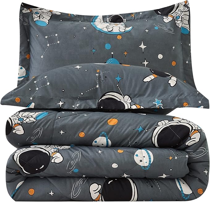 JSD Grey Astronaut Kids Comforter Set Queen Size, 3 Piece Space Theme Microfiber Comforter with Pillow Sham, Machine Washable