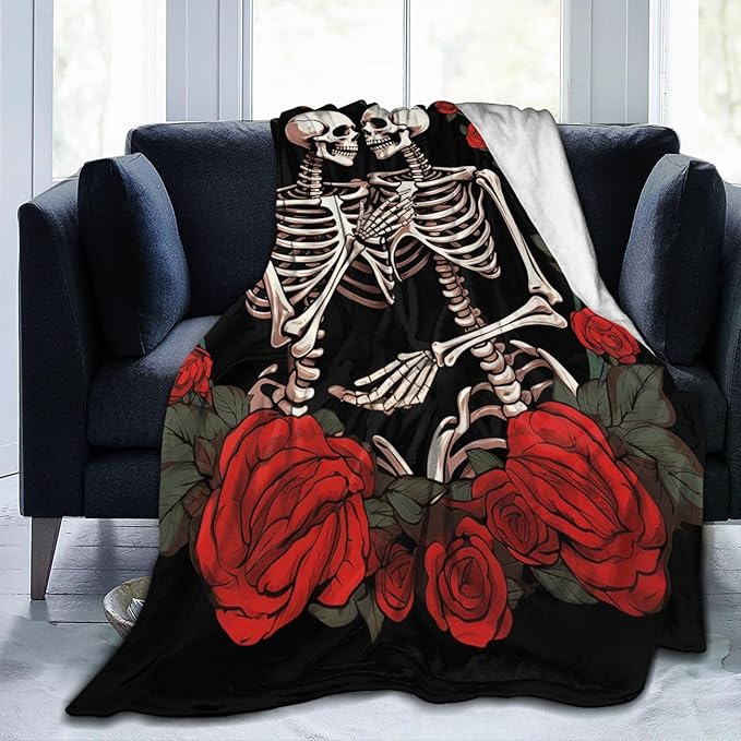 Skull Lover Rose Flower Blanket Gifts for Adults Women Men Skeleton Tarot Flannel Throw Blankets Soft Fuzzy Lightweight for Home Decor Couch Bed Sofa 80x60 Inches