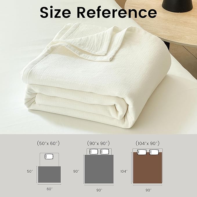 Simple&Opulence Linen Cotton Blanket with Double Layered Folded Edge for Couch/Bed/Sofa/Gift, Natural Flax Solid Color Soft Breathable Cozy Farmhouse Home Décor - White, 104"x90"