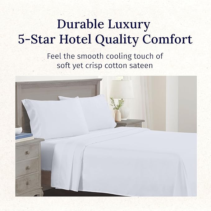 California Design Den Queen Sheet Set - Luxury 600 Thread Count Sateen, 100% Cotton Deep Pocket Queen Sheets with All Around Elastic, Snug Fit, Hotel Quality Bedding Set - White