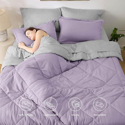 Bedsure Twin Comforter Set - 5 Pieces Reversible Light Purple Bedding, Twin Size Bed Set for All Seasons, Bed in a Bag with Down Alternative Comforter, Sheets, Pillowcase & Sham