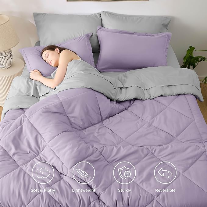 Bedsure Queen Comforter Set - 7 Pieces Reversible Light Purple Bedding, Queen Size Bed Set for All Seasons, Bed in a Bag with Down Alternative Comforter, Sheets, Pillowcases & Shams