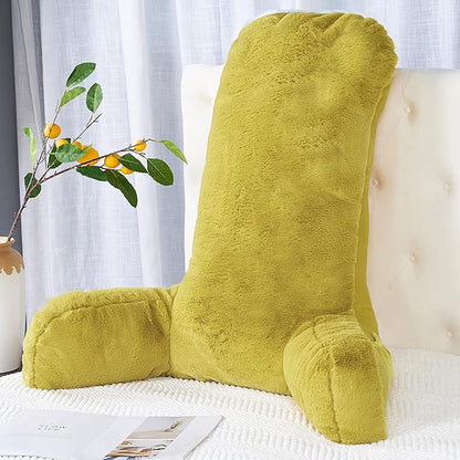 Faux Fur Assembly Need DIY Extra Large Backrest Reading Bed Rest Pillow with Arms and Pockets for Sitting in Bed Couch Sofa, Removable Cover & Filling Seprated, 28" x 30" x17", Mustard Yellow