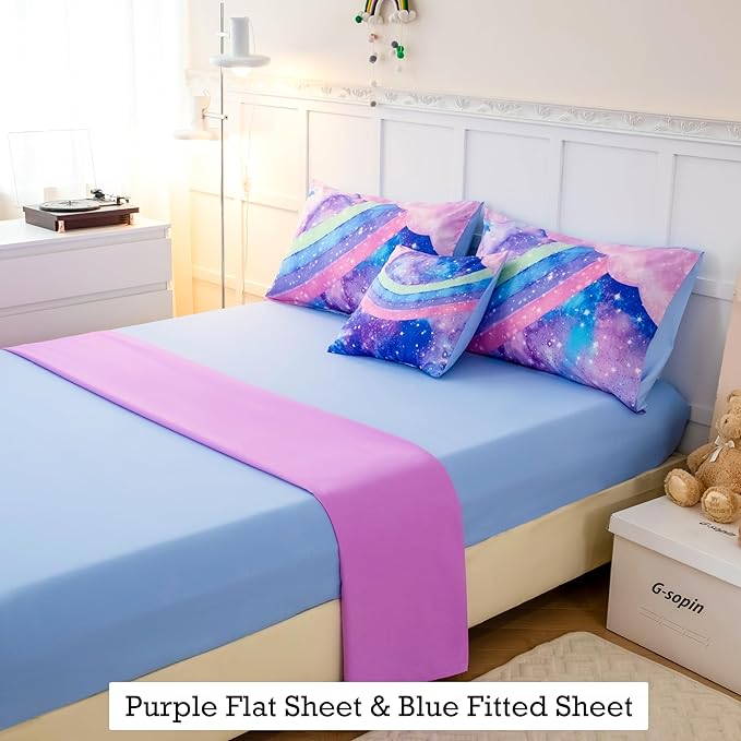 ANGIYUIN Rainbow Full Size Bedding Comforter Set for Girls Gradient Glitter Comforter Set 3D Tie Dye Blue Bedding Sets 6Pcs Soft Lightweight Girl Bed in A Bag for All Season