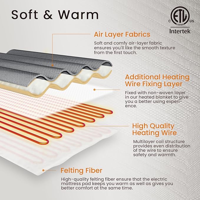 Electric Heated Mattress Pad Queen Size Dual Control Bed Warmer, Deep Pocket, Side Storage Pouch for Controller, Machine Washable, 3D Air Layer Fabric, 60"x80", Black Charcoal