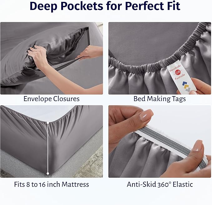 California Design Den Queen Size Sheet Set - Certified 100% Egyptian Cotton Queen Size Percale Sheets with Deep Pockets, Lightweight, Crisp, Durable Luxury Bedding Set - Grey