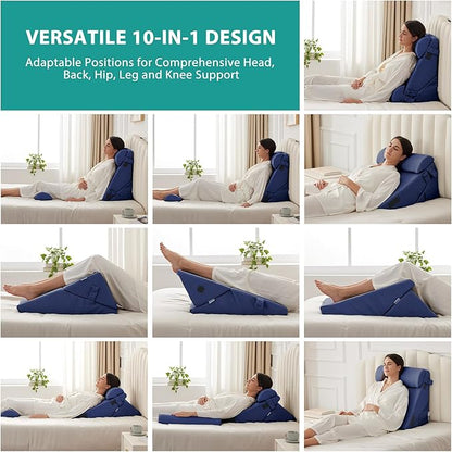 Bedluxe Adjustable 4pcs Bed Wedge Pillow Set, Memory Foam Wedges Pillow Post Surgery for Back, Neck, Leg Pain Relief, Pillows Wedge for Sleeping, Sitting up in Bed, Acid Reflux and GERD, Navy Blue
