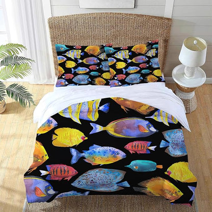 Ocean Tropical Fish Theme 3 Pieces Duvet Cover Comforter Set with 2 Pillowcase Twin Size Sea Nautical Fishing Bed Sheet Quilt Bedroom Bedding for Lover Kids