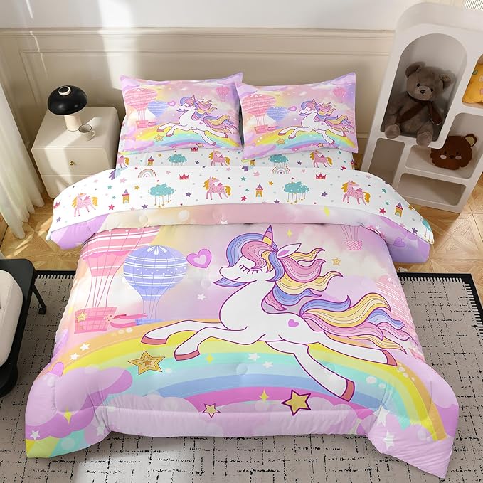 Bodhi Unicorn Comforter Twin for Girls,Kids Twin Bedding Sets for Girls with RainbowCastle Love Hearts and Stars,Unicorn Bedding Sets 5 Pieces