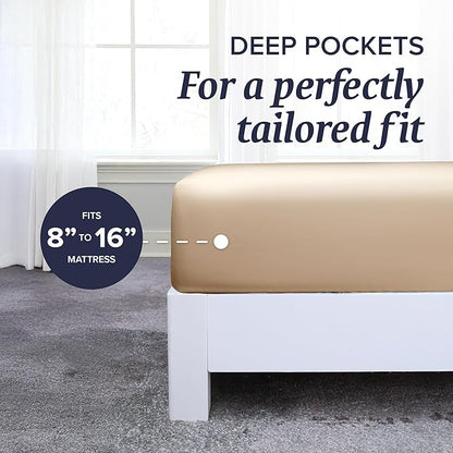 Beckham Hotel Collection Down Alternative Pillows & Cotton Sheets 4 Piece Set, 16" Deep Pocket, 2 Open End Pillowcases, King, Sand