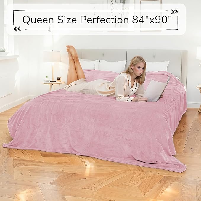 Electric Heated Blanket Queen Size 84"x90" - Dual-Sided with Microplush & Sherpa Fabric, 4 Heat Settings & 10 Hours Auto Off, Dual Controller, Machine Washable - Light Pink