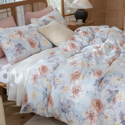 Jane yre Duvet Cover Queen Floral Soft Brushed Microfiber Crinkle Gauze 3 Pieces Bedding Set, Garden Style Peony Pattern Queen Duvet Cover Floral, with Zipper Closure Luxury Breathable Comfy