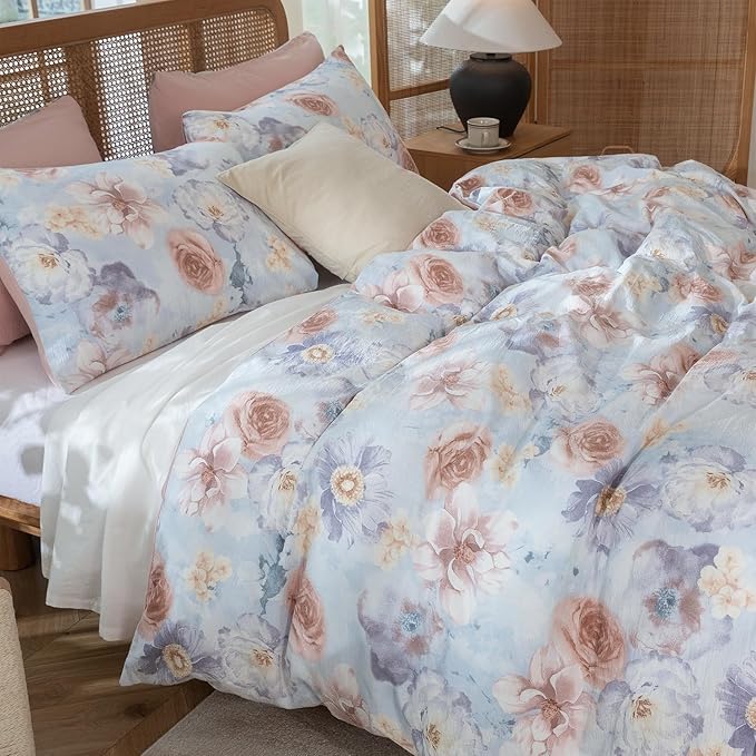 Duvet Cover Queen Size Floral Luxury Soft Brushed Microfiber Crinkle Gauze Fabric 3 Pieces Bedding Set Flower Pattern Queen Duvet Cover with Zipper Closure Breathable Comfy