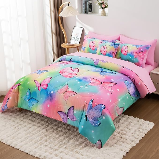 Butterfly Comforter Set Full Size 8 Piece Bed in A Bag Colorful Flowers Leaves Bedding Set for Kids Teens Super Soft All Season - Rainbow