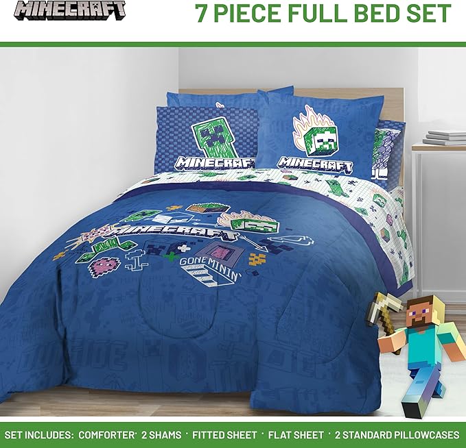 Jay Franco Kids Comforter Set Includes Sheets and Pillow Covers - Soft and Cozy Bed Set for Stylish Room Decor, Blue - Minecraft 02, 7 Piece Full Bedding