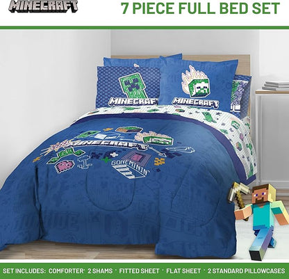 Jay Franco Kids Comforter Set Includes Sheets and Pillow Covers - Soft and Cozy Bed Set for Stylish Room Decor, Blue - Minecraft 02, 7 Piece Full Bedding