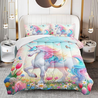 Pink Unicorn Comforter Set Twin Size, 3 Pieces Superior Kids Flower Butterfly Bedding Set for Teen Girls and Kids Toddler, Cute Unicorn for Room Decor 3Pcs, 1 Comforter and 2 Pillowcase