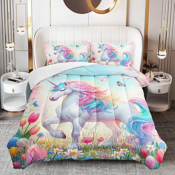 Pink Unicorn Comforter Set Queen Size, 3 Pieces Superior Kids Flower Butterfly Bedding Set for Teen Girls and Kids Toddler, Cute Unicorn for Room Decor 3Pcs, 1 Comforter and 2 Pillowcase