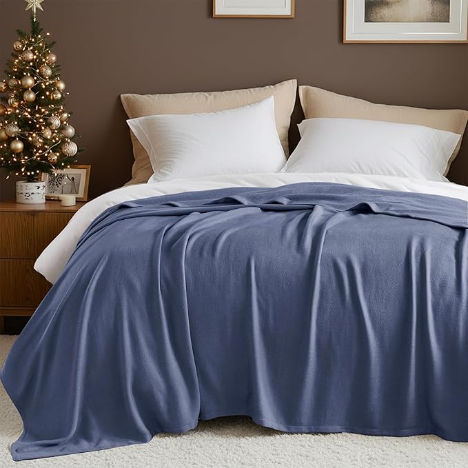 Twin Size Blanket, 70% Rayon (Derived from Bamboo) and 30% Cotton, Lightweight Jacquard Weave, Breathable and Soft Summer Blanket for Bed or Couch, 66” x 90”, Navy
