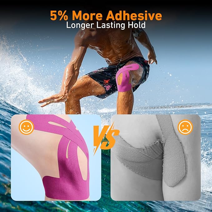 PreCut Kinesiology Tape for Knees, 12 PCS Waterproof KTQUICK Knee Tape for Knee Pain Relief Pre Cut, Original Cotton Athletic Knee Tape, Waterproof & Hypoallergenic Latex-Free for Sports (Pink)
