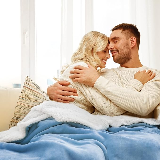 Bedsure GentleSoft Sherpa Fleece Blankets Queen Size for Bed - Thick and Warm Throw for Women and Men, Soft Fuzzy Plush Queen Blanket for Winter, Washed Blue, 90x90 Inches