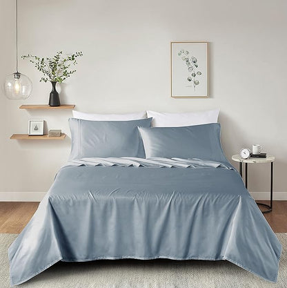 100% Supima Cotton Sheets 600 Thread Count,Bed Sheet Set Queen Size Sheets 4 Pieces,Soft & Silk Sateen Weave, Fits Mattress Up to 18",Deep Pocket, Breathable & Fade Resistant(Blue Grey,Queen)