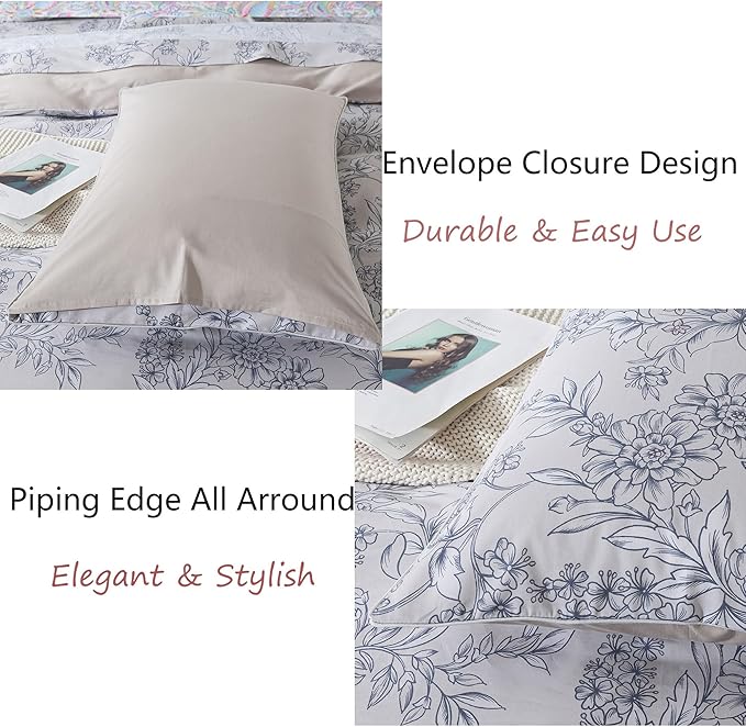 FADFAY Duvet Cover Set Queen Vintage Peony Floral Bedding Shabby Khaki Floral Quilt Cover Set Rustic Farmhouse Bedding 100% Cotton Soft Comforter Cover with Hidden Zipper Closure 3Pcs, Queen Size