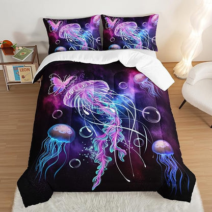 HOSIMA Jellyfish Printed Comforter Ocean Theme Bedding Set 3 Piece,Universe Starry Sky King Size Comforter Set Galaxy Bedding Room Decor Butterfly Comforter for Kids Teens Adult.