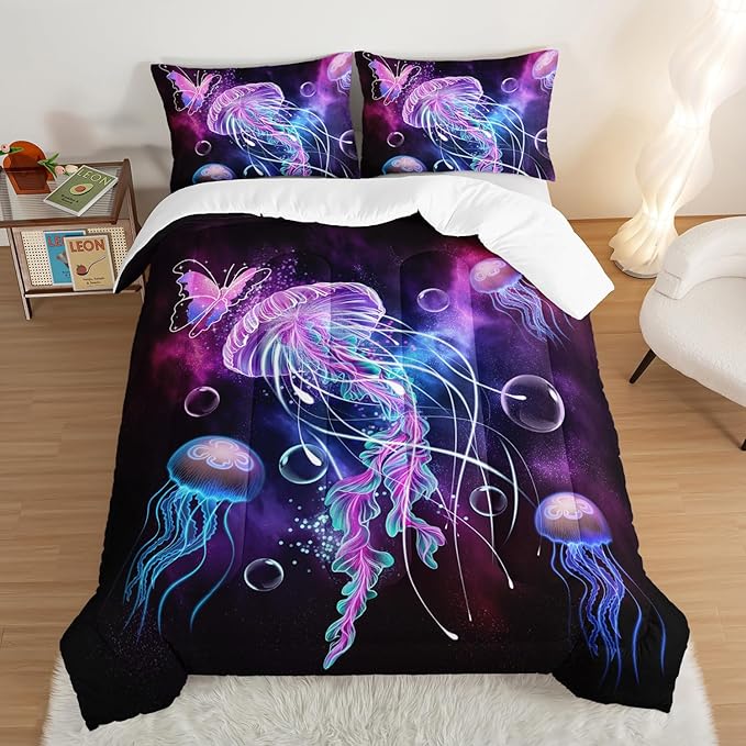 HOSIMA Jellyfish Printed Comforter Ocean Theme Bedding Set 3 Piece, Starry Sky Galaxy Bedding Room Decor Butterfly Comforter for Queen Size Bed