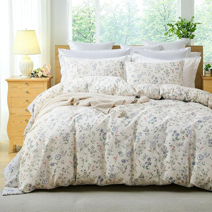 Floral Duvet Cover Set Queen Size 100% Cotton Green Floral Comforter Cover 3 Pcs Lightweight Soft Aesthetic Floral Bedding Sets