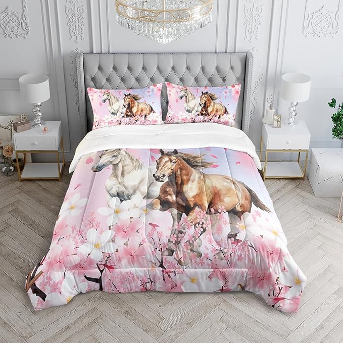 Kid Horse Comforter Set Twin Room Floral Animal Theme Handsome Horse Chic Cherry Blossom Bedding Set 3D Wild Animal Decor Quilt Set for Girls Adult, 1 Comforter + 2 Pillowcases