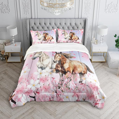 Kid Horse Comforter Set Queen Room Floral Animal Theme Handsome Horse Chic Cherry Blossom Bedding Set 3D Wild Animal Decor Quilt Set for Girls Adult, 1 Comforter + 2 Pillowcases