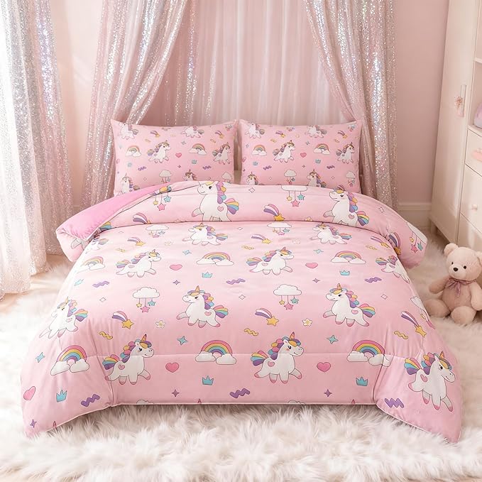 Peopleareok Unicorn Comforter Set Full(79x90 Inch), 3 Piece Cute Pink Unicorn Print Comforter, Kids Cartoon Kawaii Comforter for Girls Bedroom Decor All Season