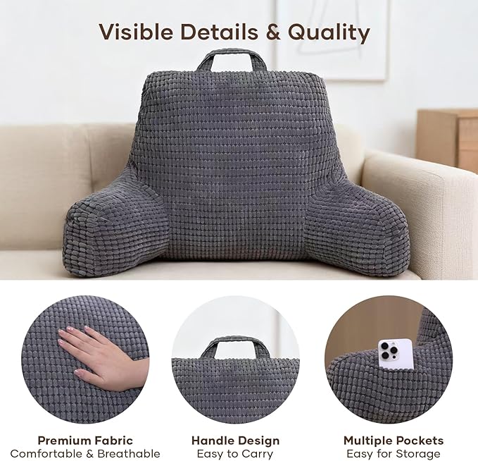 NOONTIDE Reading Pillow with Top Handle,Uniquely Designed Soft Fabric, Ergonomic Back Support for Bed,Cover Washable Sit up Pillow,Watching TV/Gaming/Relaxing(Grey)