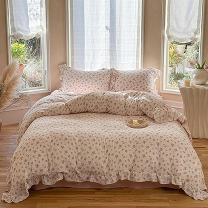 BuLuTu Girls Floral Duvet Cover Set Twin, Pink Tuberose Print Quilt Cover for Kids Toddler Teens, Soft Breathable Muslin Cotton Comforter Cover for All Seasons, Zipper & Corner Ties