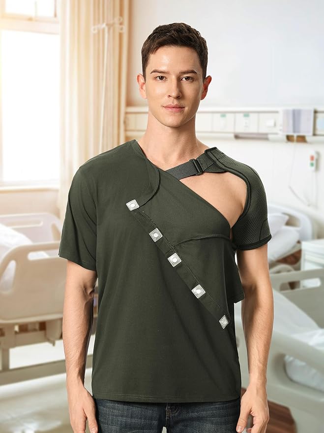 Magnetic Buttons Post Shoulder Surgery Recovery Shirt for Men V-Neck Tear Away Adaptive Chemo Port Clothing for Women