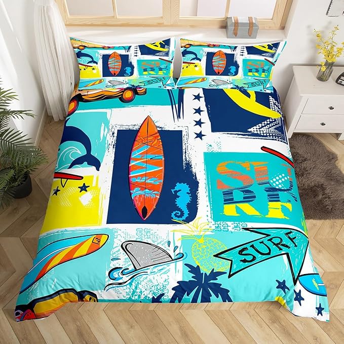 Surfing Sports Bedding Set King Size for Woman Men,Colorful Surf Themed Graffiti Painting Comforter Cover with 2 Pillowcases,Surfboard Fish Stars Plaid Duvet Cover Set Microfiber Quilt Cover