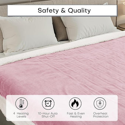 Electric Heated Blanket Twin Size 62"x84" - Dual-Sided with Microplush & Sherpa Fabric, 4 Heat Settings & 10 Hours Auto Off, Machine Washable - Light Pink