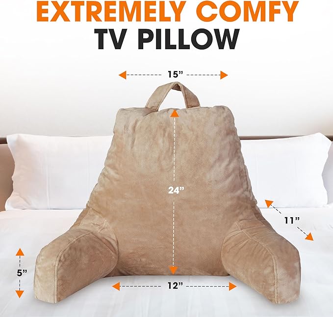 Cheer Collection Reading Pillow with Arms – Portable Bed Pillow for Sitting Up & Support, Hollow Fiber-Filled Back Rest Pillow for Sitting in Bed & Couch, Machine Washable, Taupe