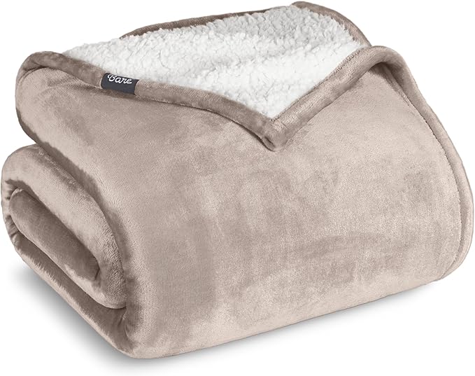 Bare Home Sherpa Fleece Blanket - Full/Queen Size - Blanket for Bed, Sofa, and Couch - Warm & Lightweight - Fluffy & Soft - Reversible (Full/Queen, Light Taupe)