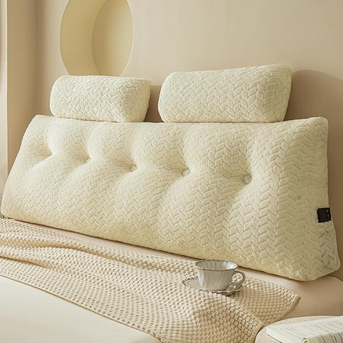 YOUR MOON Wedge Headboard Pillow King with 2 Pack Neck Roll Pillows, Triangular Wedge Backrest Pillow Headboard for Bed,Daybed,and Lounging, Large Bed Bolster Pillows,Off White