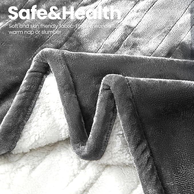 Electric Heated Blanket, Flannel & Sherpa Fast Heating Soft Fleece Heated Queen Blanket 84"x90" with 6 Heating Levels & 10H Auto Off - Light Grey