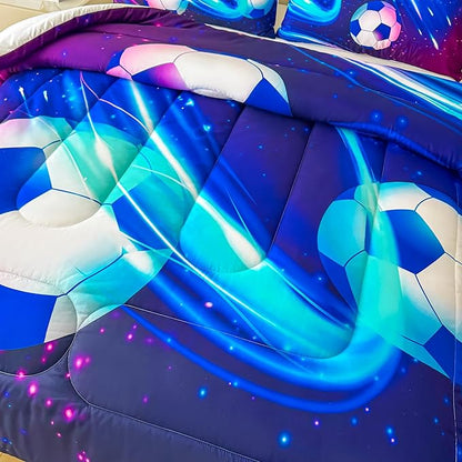 Peopleareok Soccer Comforter Set Full(79x90 Inch), 3D Printed Purple Galaxy Soccer Theme Comforter, Sports Football Bedding, 3 Pieces Soft Microfiber Football Bedding Set for Boys with 2 Pillowcases