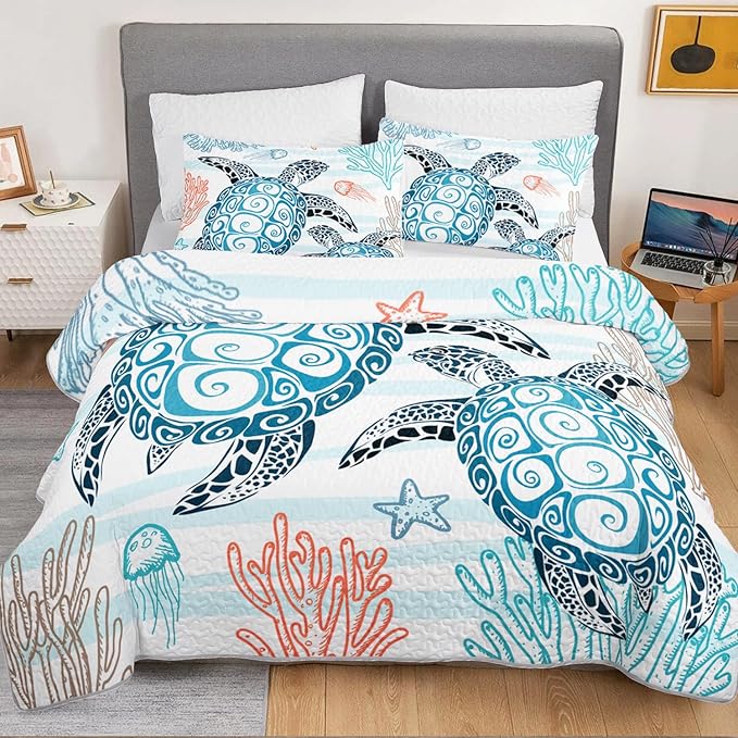 HOSIMA Sea Turtle King Size Bedding Set,Corals Jellyfish Starfish Pattern Lightweight Quilt,Ocean Themed Bedding for Beachy Room Decor Aesthetic with 2 Pillowcases.