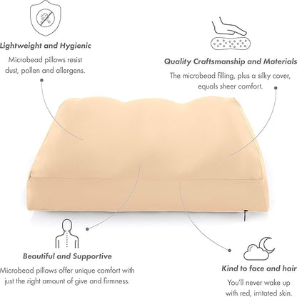 PILLOWY Premium Microbead Bed Pillow, Medium Extra Fluffy But Supportive - Ultra Comfortable Sleep with Silk Like Anti Aging Cover 85% Spandex/ 15% Nylon Breathable, Cooling Barely Beige