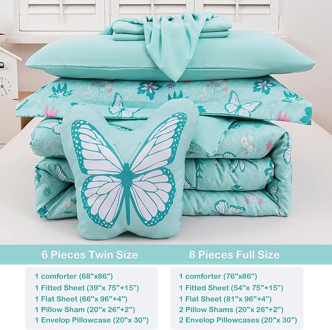 Mooreeke Bed in a Bag for Kids Girls Teens, 8 Pieces Full Size Comforter Bed Set with Shams, Sheet Set and Decorative Toy Pillow, Butterfly Mint Green Super Soft Microfiber Kids Comforter Bedding Set